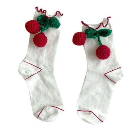 

SIEYIO Japanese Women Girls Sweet Ruffled Trim Crew Socks Harajuku Lolita Kawaii Student Handmade Knit 3D Cherry Bow Hosiery