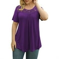 thumbnail image 3 of Femmes T-shirt Plissée Tunique Haut Col Rond Courte Plissée Chemisier Manches Dentelle Blouse, Violet, M, 3 of 5