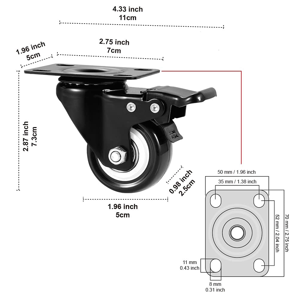 2" Caster Wheels Set of 4, Heavy Duty Casters with Brake, No Noise Locking Polyurethane (PU) Wheels, Swivel Plate Castors Pack 4
