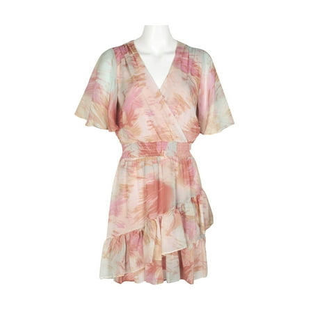 Laundry V-Neck Short Sleeve Elastic Waist Asymmetrical Tiered Hem Multi Print Chiffon Short Dress-MULTI / 6