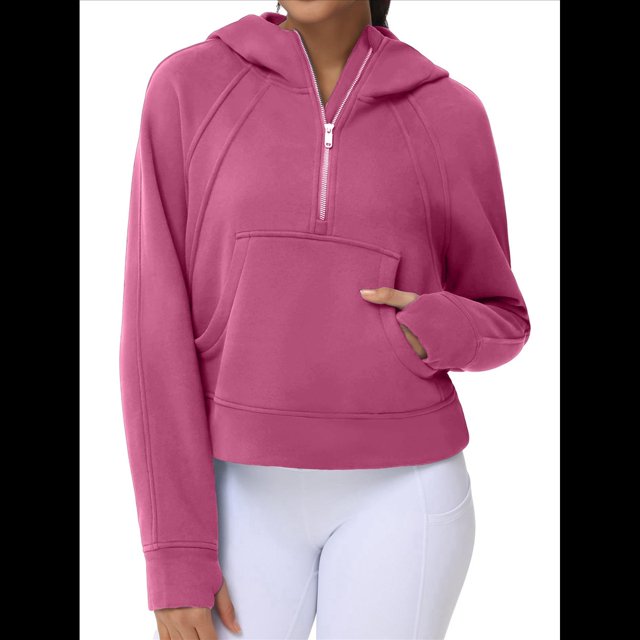 Sudadera con Capucha para Mujer, de Larga, Corta, con Media Cremallera y Bolsillos con Orificio para el Pulgar. Rosa Roja L