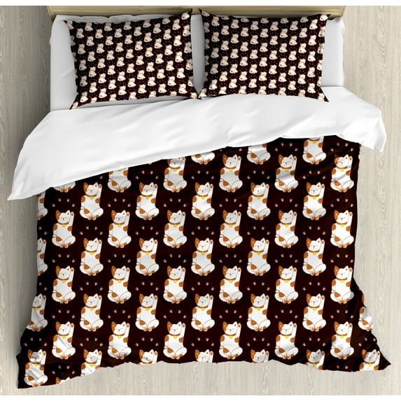 Japanese Cat Duvet Cover Set Queen Size, Calm Mellow Maneki Neko Cat Luck, Decorative 3 Piece Bedding Set with 2 Pillow Shams, Seal Brown Burnt Orange Mustard and Coral, by Ambesonne