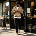thumbnail image 5 of Fashion Streetwear Hooded Sweatshirt for Men, Casual Quarter Zip Pullover Hoodie,Fall Winter Utility Style Daily Outerwear Clothes with Pocket, Khaki L, 5 of 6