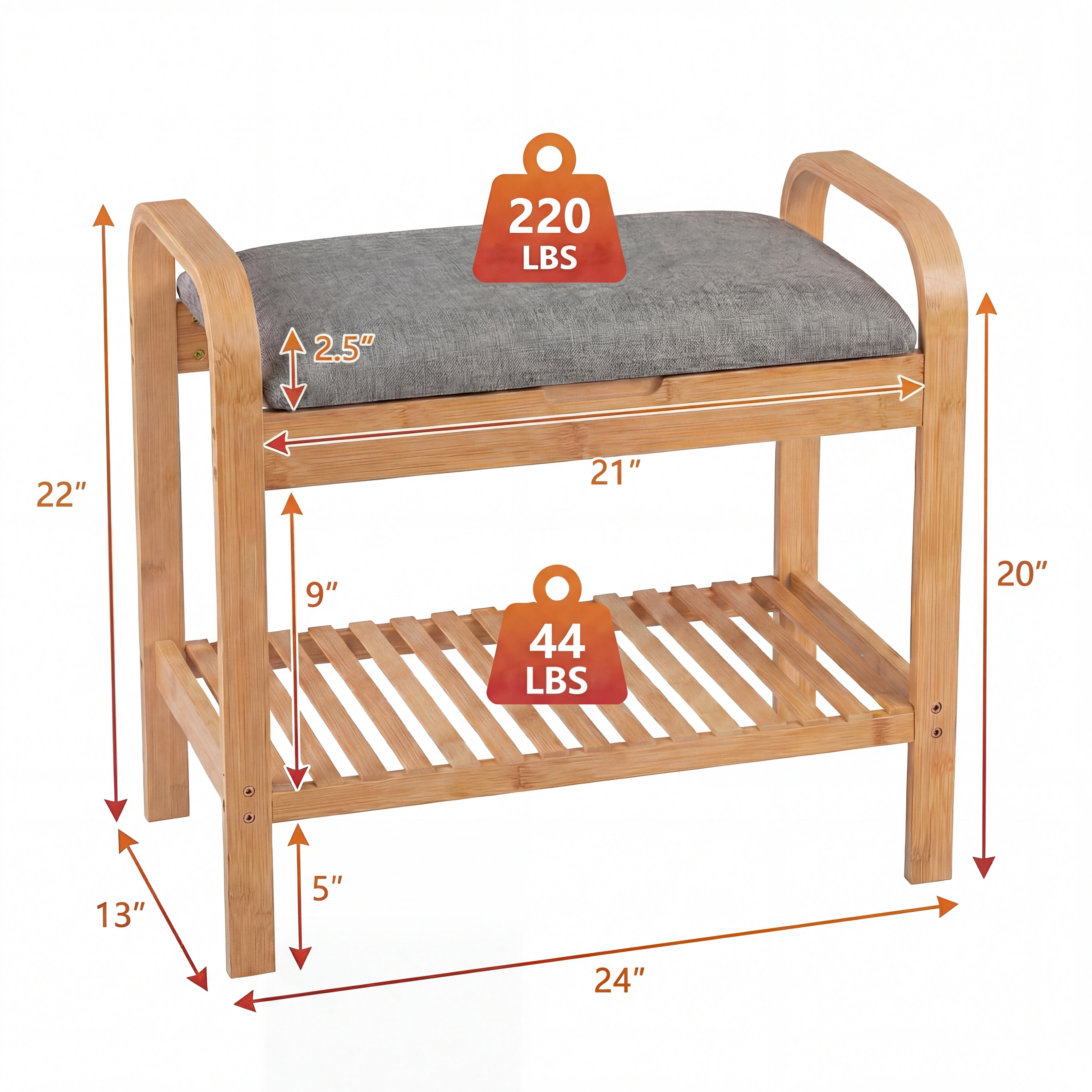 ELLEGNT 2-Tier Shoe Rack Bench with Upholstered Seat – Solid Wood Shoe Storage Organizer for Entryway