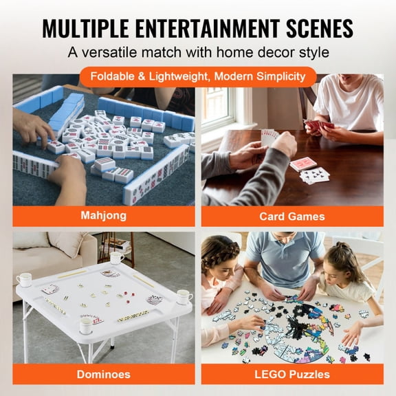 White Folding Card Mahjong Table 4 Player with 4 Cup Holders Chip Trays Multi Function Game Table