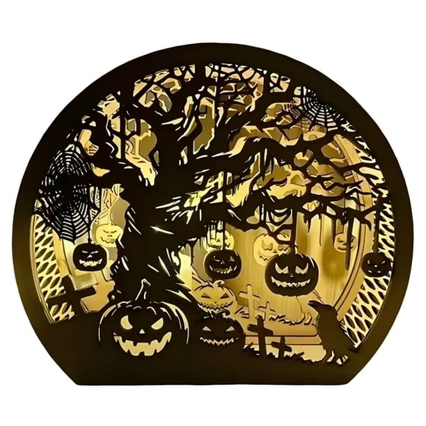 Cartel de madera para mesa de Halloween. Adorno luminoso para mesa con forma de calabaza. Adorno para mesa de Halloween. Decoración para fiestas.