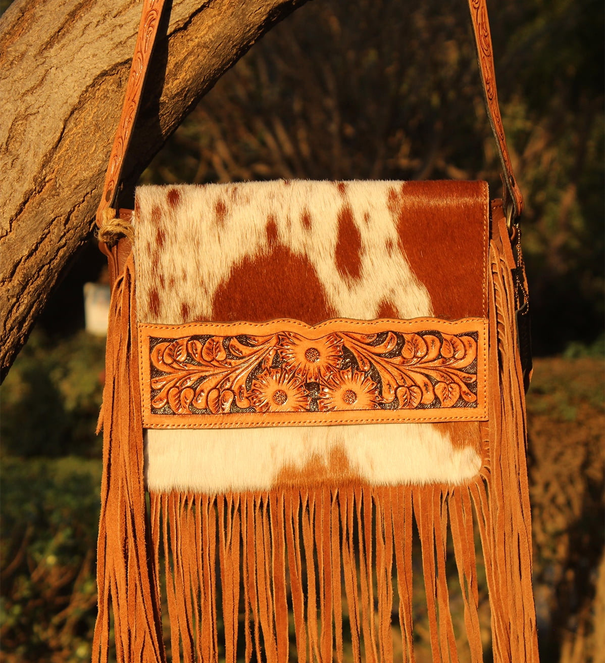 Fringe Purse Western Purses for Women Crossbody Bag | Leather Hand-Tooled Western Bag (Tan)