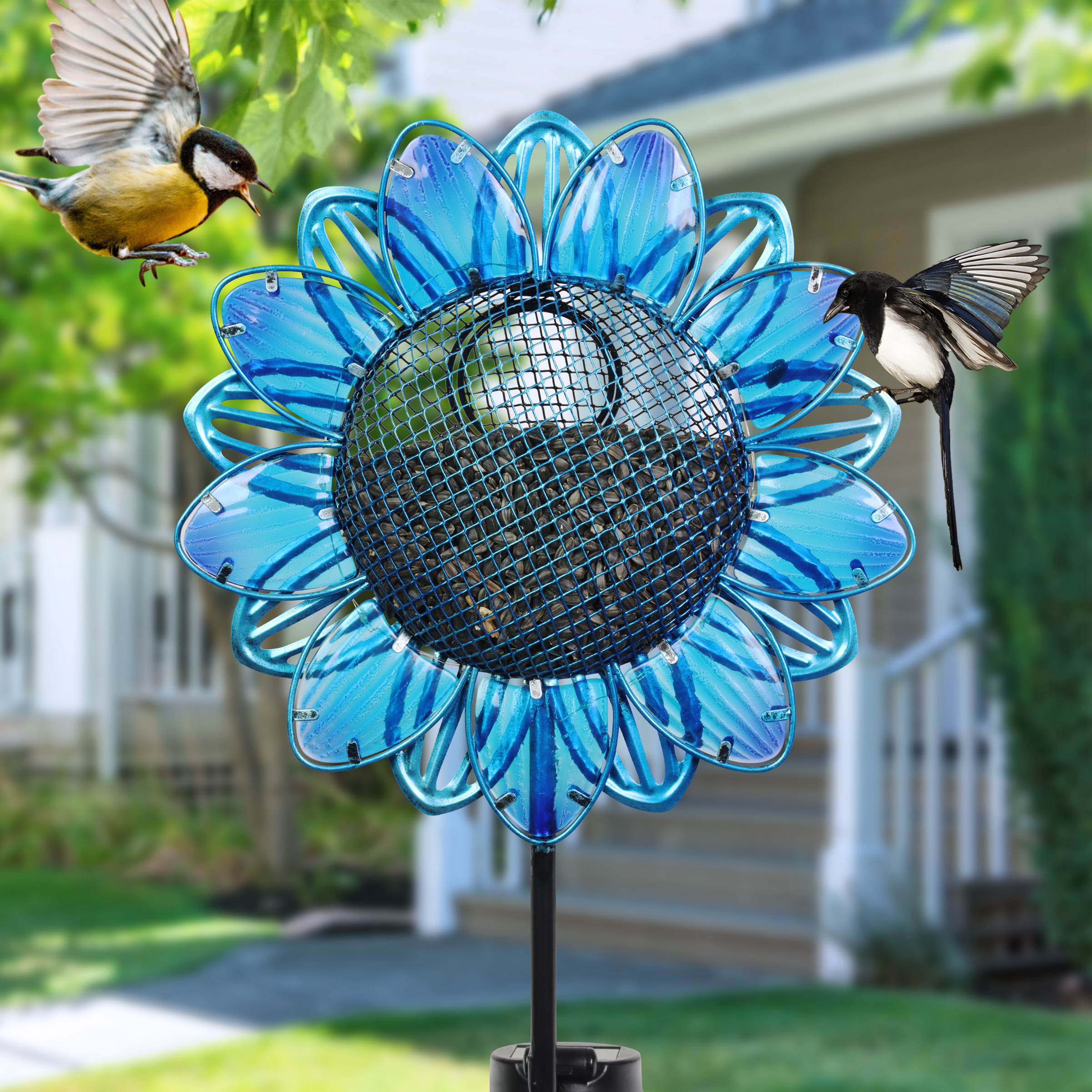 Exhart  Blue Sunflower Metal and Glass Bird Seed Feeder Solar Powered Garden Stake, 11 by 36 inches - image 4 of 7