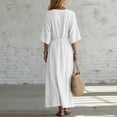 thumbnail image 4 of Uscallm Women Plus Size V Neck 3/4 Sleeve Tie Flowy Boho Maxi Dress Casual Basic Long Travel Dresses, White XL, 4 of 6