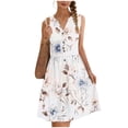 thumbnail image 4 of Women's Beach Dress V Neck Button Sleeveless Print Pleated Sundress Summer Vacation Casual Midi Dresses (XL, Beige), 4 of 7
