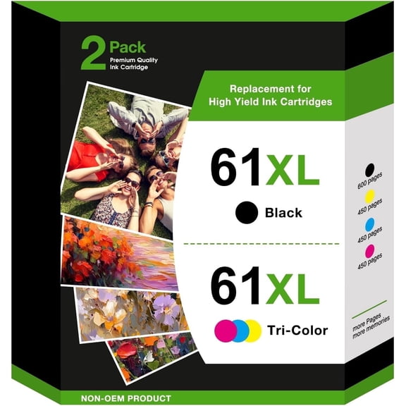 61XL Ink Cartridges Compatible for HP 61 Black/Tri-color Ink Work for HP Envy 4500 5530 4502 Officejet 4630 4635 Deskjet 1000 1010 1512 Printer (2 Pack)