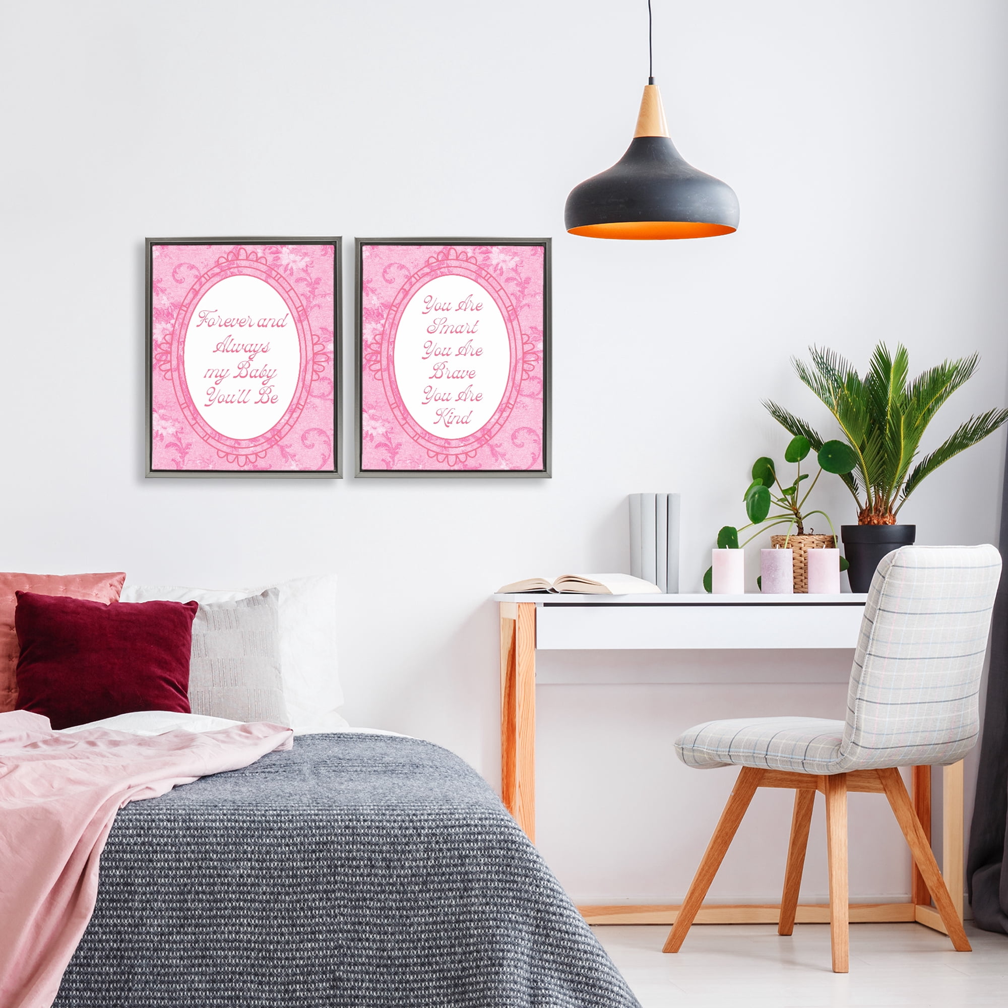 Stupell Industries Loving Pink Ornate Phrases 2 Piece Gray Framed Floater Canvas Set, design by Lil' Rue