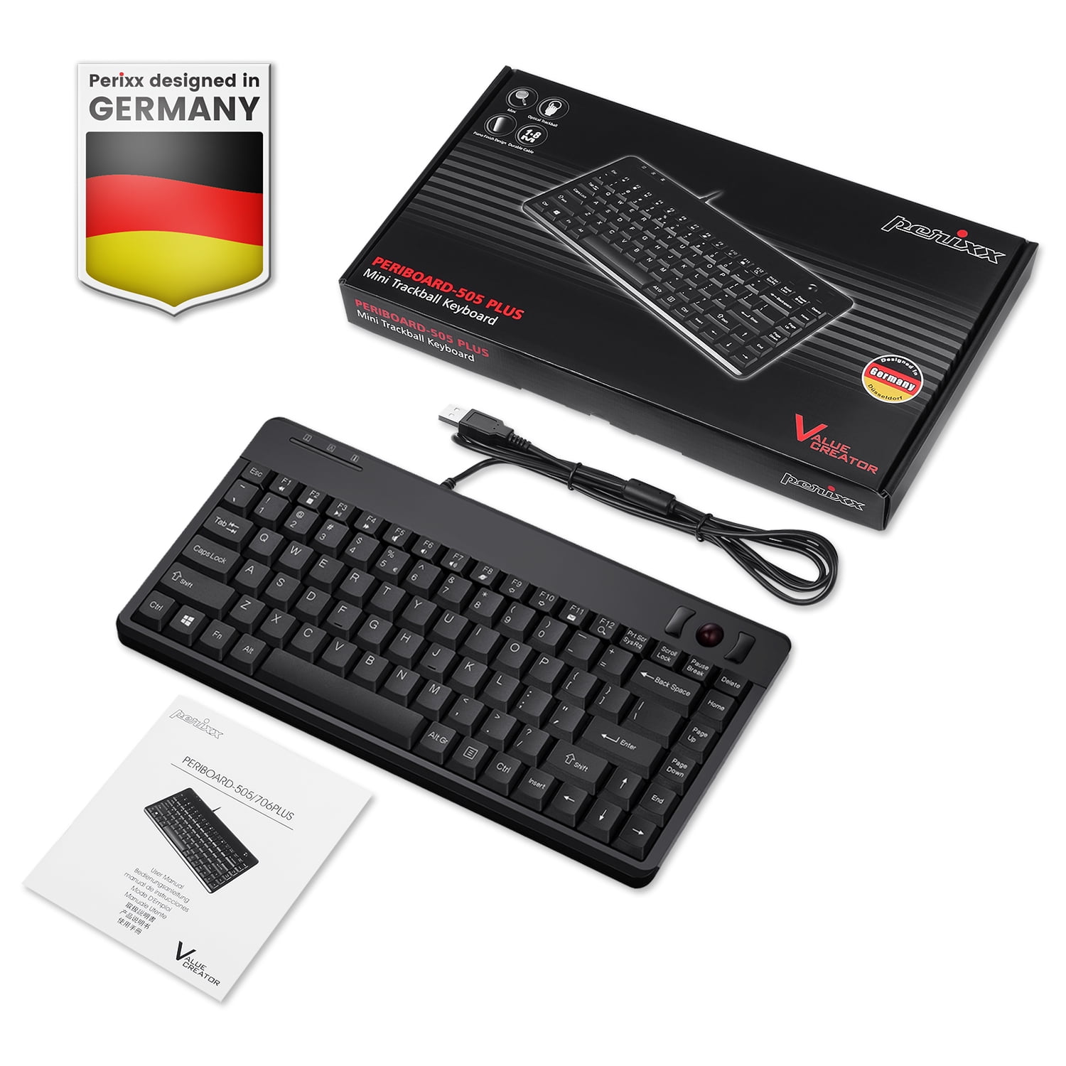 Perixx Periboard-505H Mini Red Trackball USB Computer Keyboard With 2 USB Hubs Keyboards