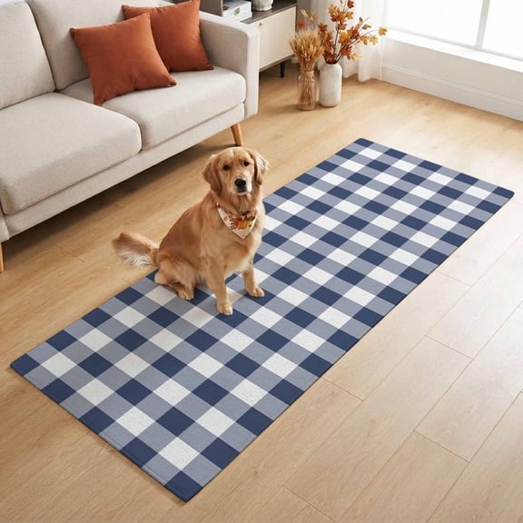 Rectangle Rug 2x6ft, Minimalist Blue White Plaid Soft Non-Slip Washable Felt Carpet Pad, Classic Geometric Check Area Rugs for Living Room Bedroom Kids Room