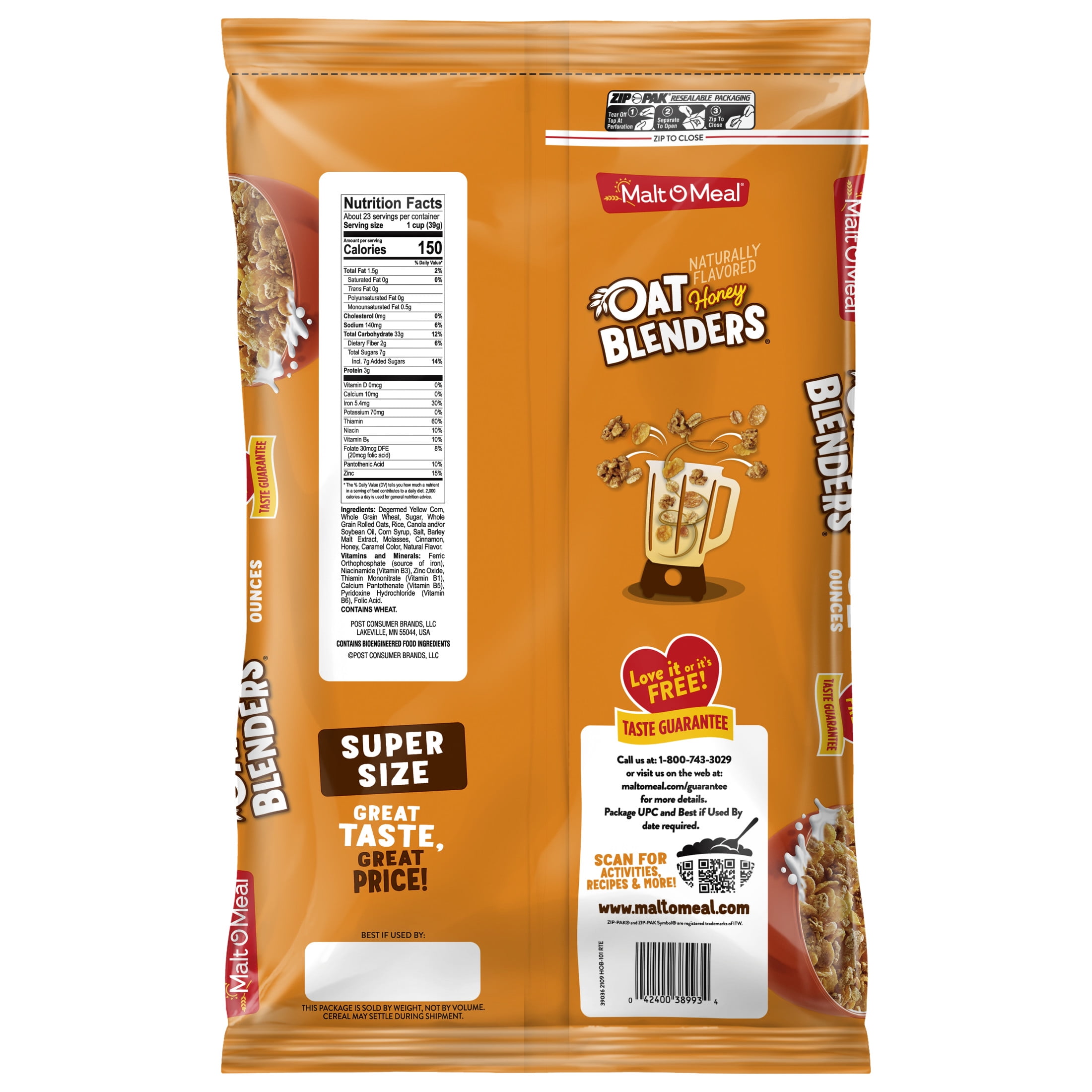 Malt-O-Meal Honey and Oat Blenders Kids Breakfast Cereal, Family Size, 32 oz Bag