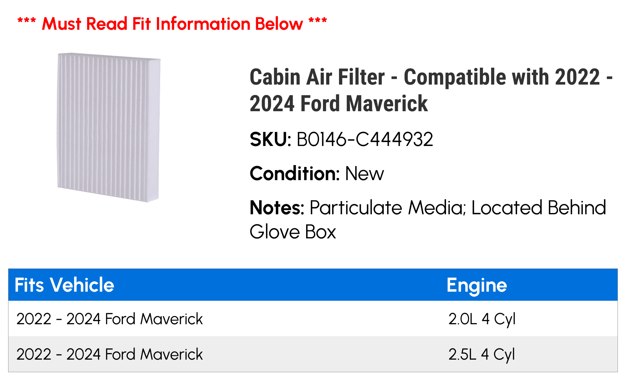 Cabin Air Filter - Compatible with 2022 - 2024 Ford Maverick 2023