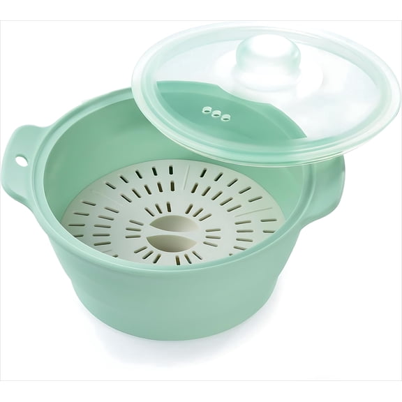 Collapsible Silicone Microwave Vegetable Steamer with Removable Steam Rack, 42oz BPA-Free Silicone Steamer for Cooking Fresh & Frozen Vegetables Dumplings Buns Prep Meal, Dishwasher Safe