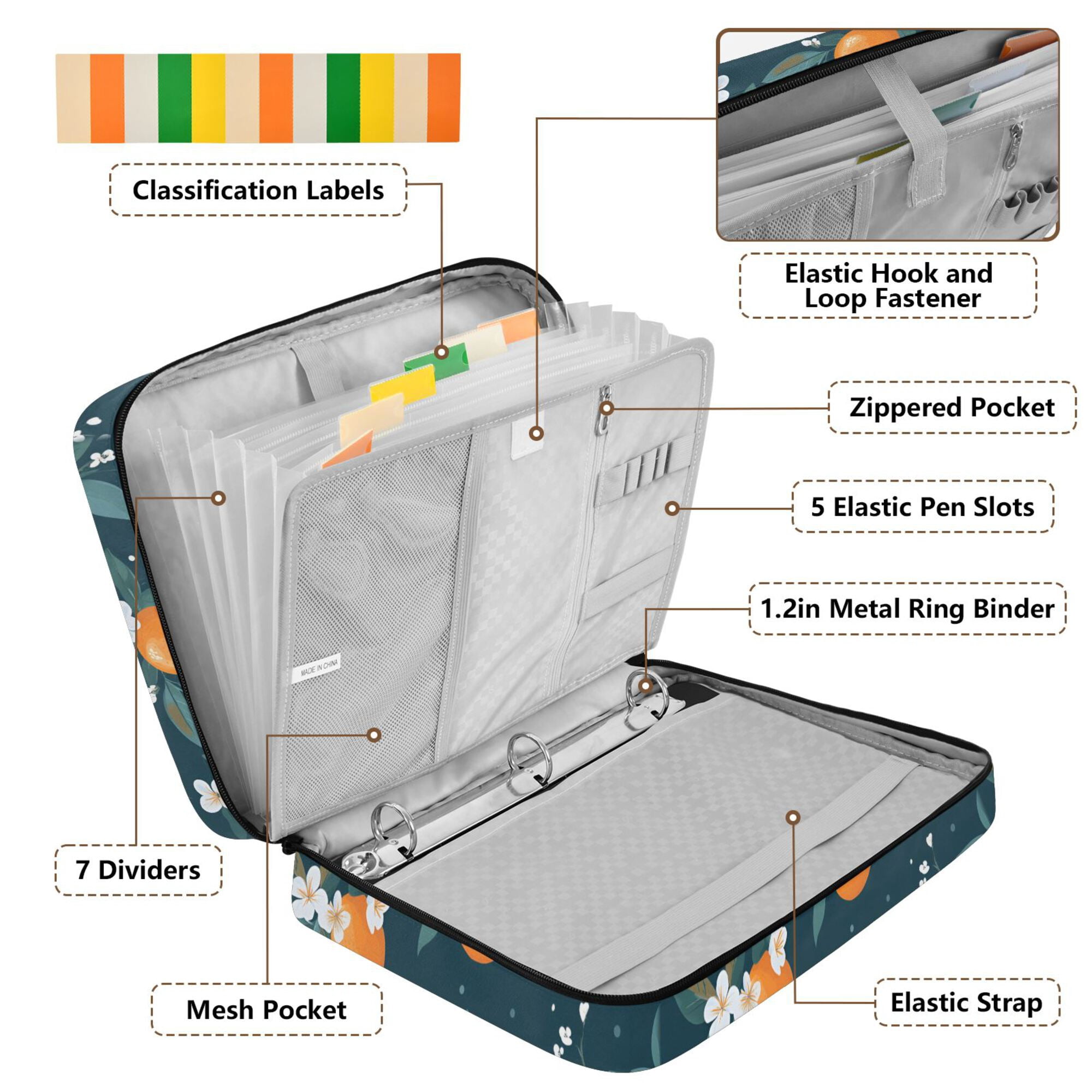 FORMRS Accordion File Folder A4 Size 7-Pocket Expanding Document Organizer Bag with 3 Ring Binder, Blue Oranges