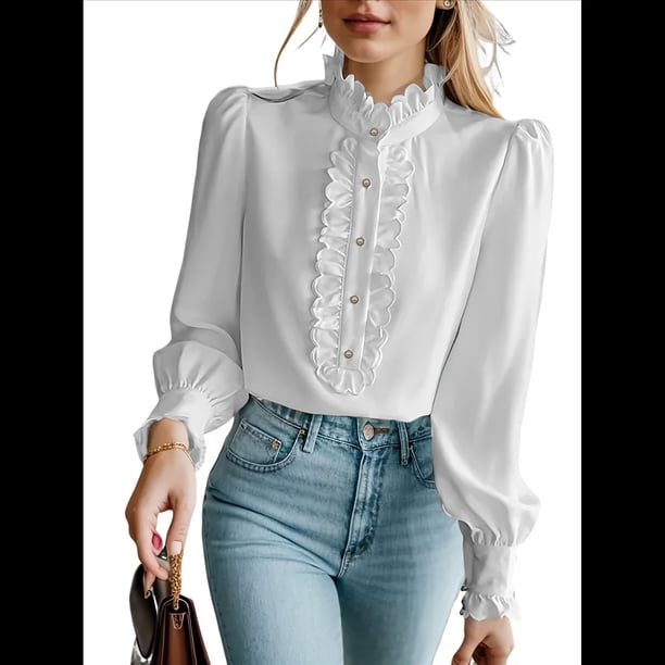 Blusas con Volantes para Mujer, Blusa con Cuello en V y Volantes, Camisa de Larga con Volantes, Camisas Cómodas de Larga de Talla Grande. S