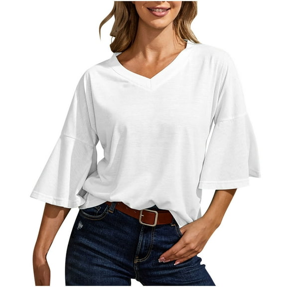 2023 Womens Summer 3/4 Bell Sleeve V Neck Tops Casual Solid Tops and Blouses Loose Lightweight Shirts Tunic S-XXL