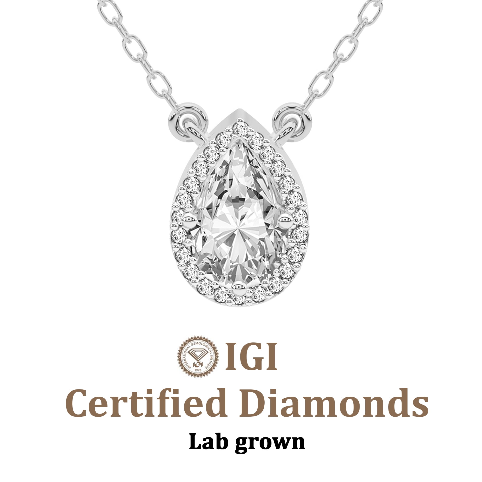 Diamond Pendant Necklace For Women | 1 Carat IGI Certified Pear Shape Lab Grown Diamond | Flaire Halo Lab Diamond Pendant Necklace 18K White Gold | FG-VS1-VS2 Quality Friendly Diamonds