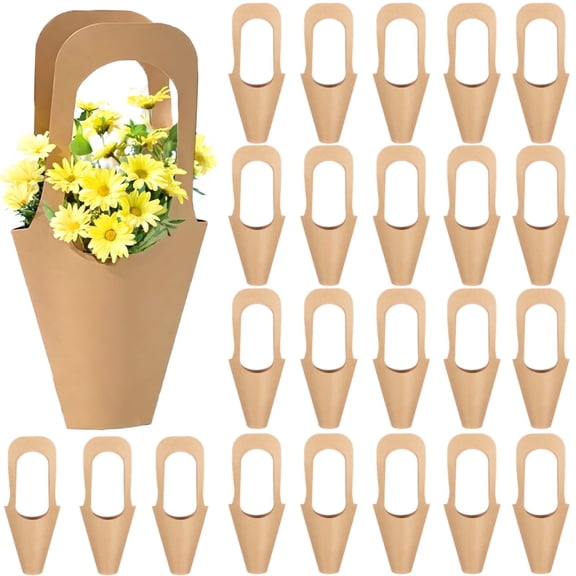 24 Pcs Kraft Paper Gift Bags with Handle, Paper Shopping Bags for Flower Bouquets, Brown Flowers Bags for Gift Packaging, Hanging Bouquet Wrapping Bags for Home Decoration Party Favor