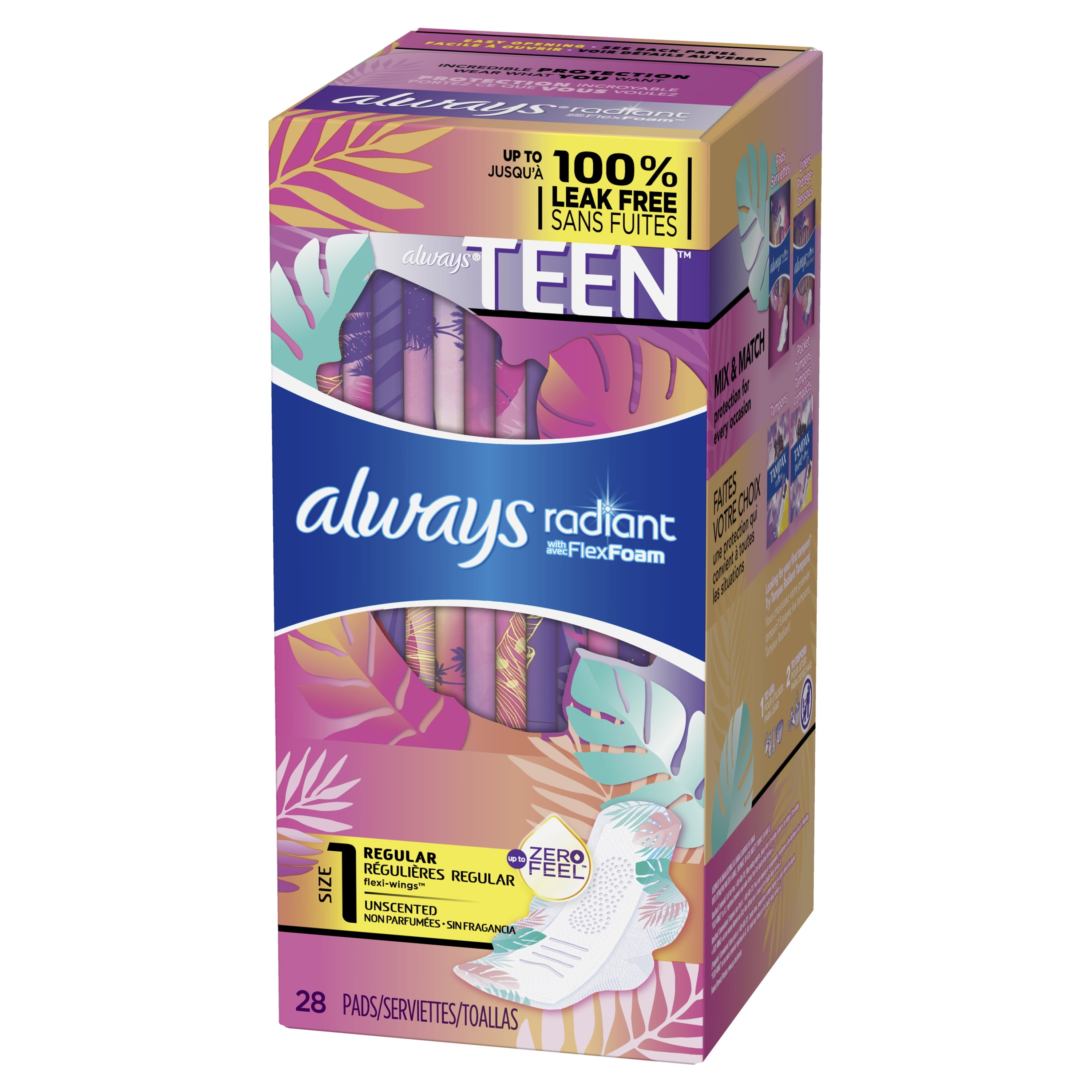 Always Radiant Teen Pads with Wings, Size 1, Regular Absorbency