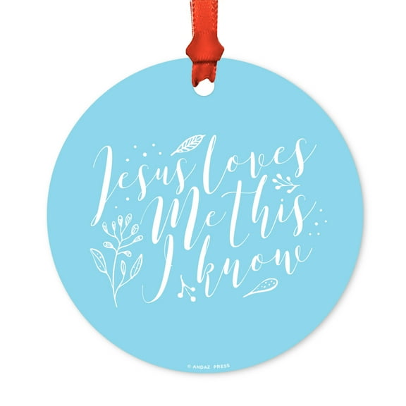 Religious Round Metal Christmas Ornament, Jesus Loves Me This I Know, Baby Blue, Includes Ribbon and Gift Bag