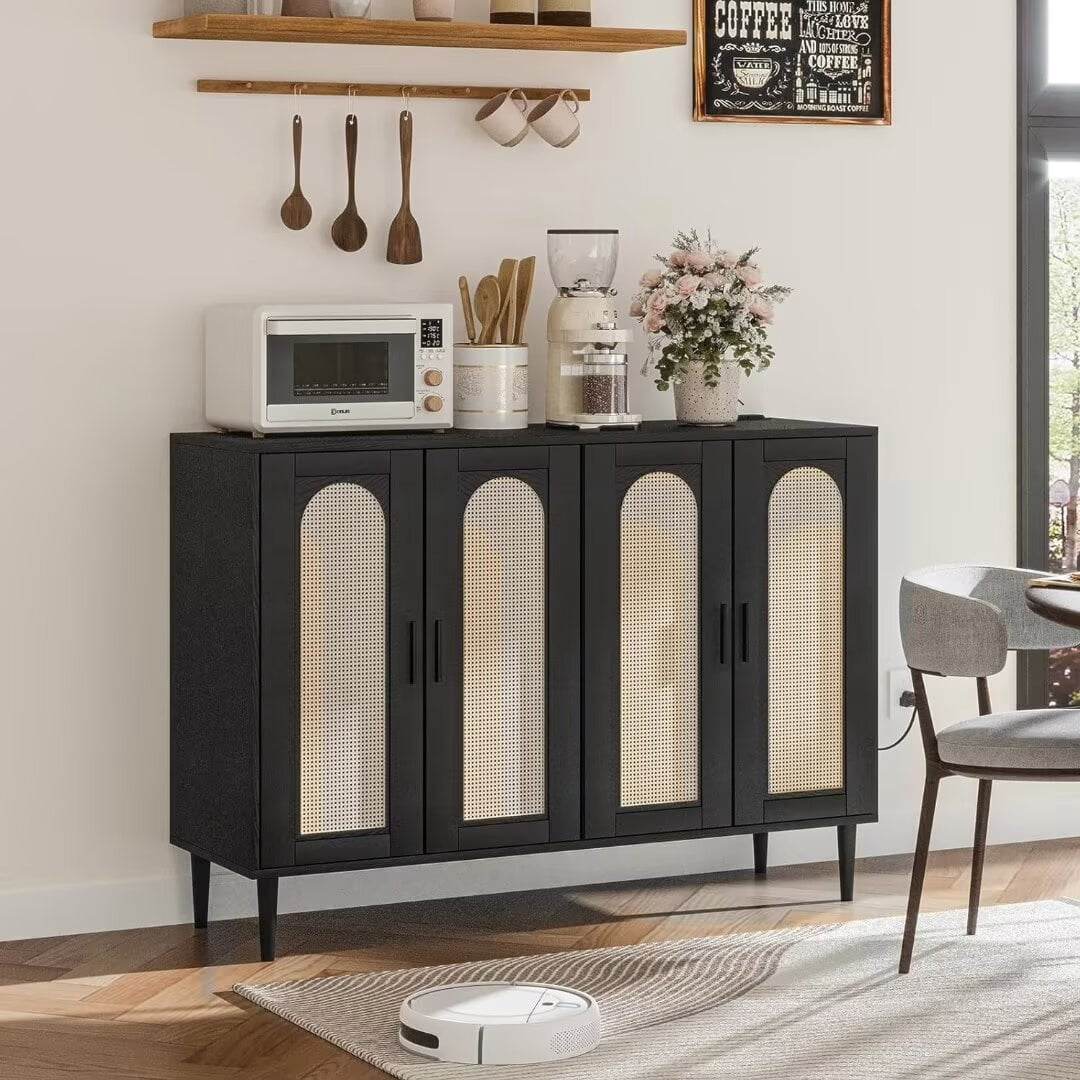 Sideboard Buffet Rattan Cabinet, Accent Storage Cabinet, Boho Large Kitchen Storage Cabinet with Power Outlet, Adjustable Shelves for Living Room, Hallway, Entryway