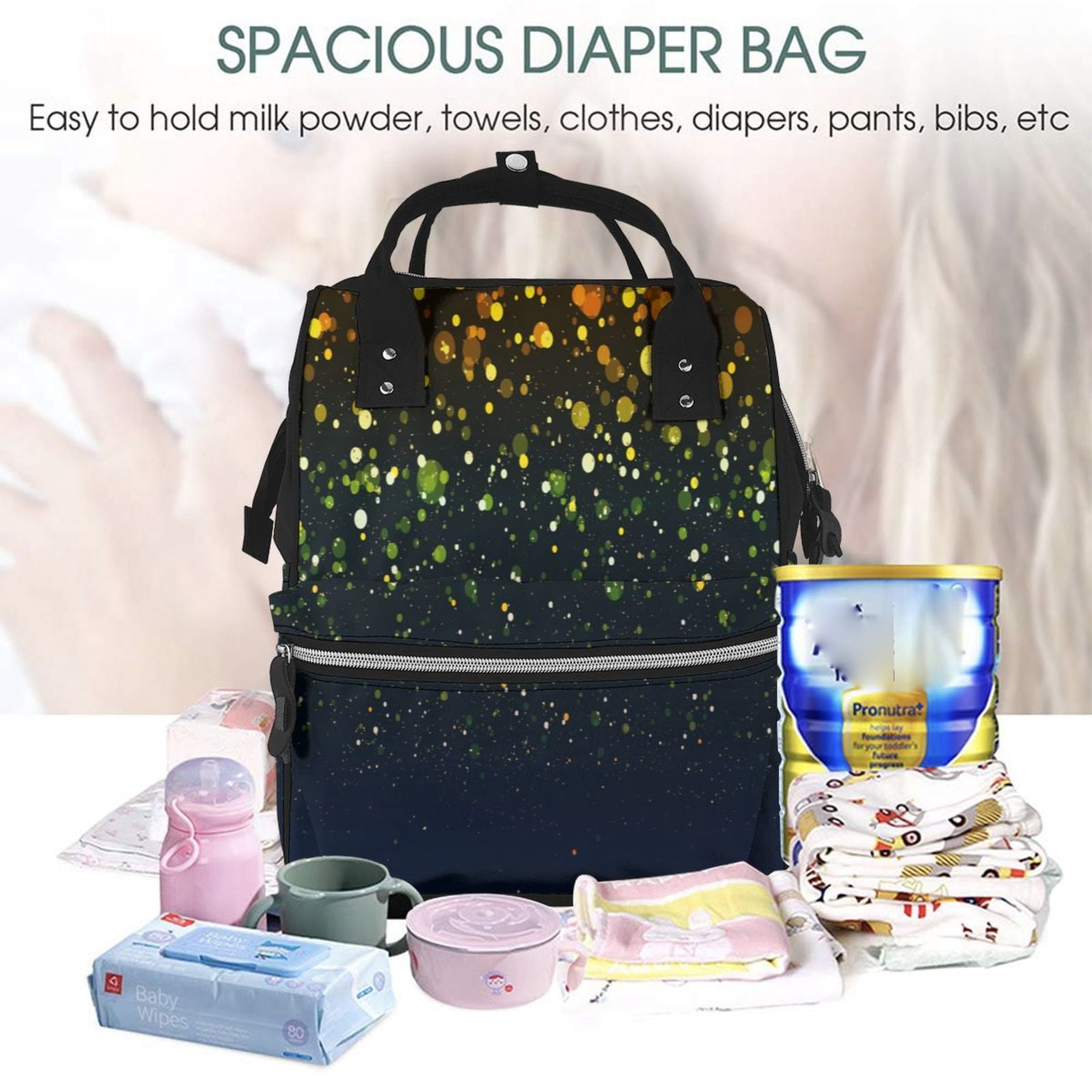 Fuzoiu Luxury golden sparkle Print Diaper Bag Backpack,Baby Essentials Travel Tote,Multi function Waterproof Diaper Bag, Travel Essentials Baby Bag - Unisex