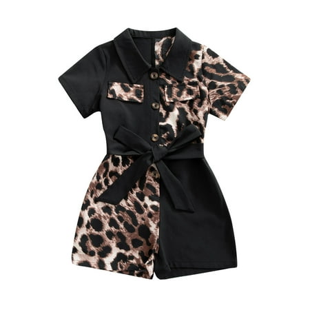 

Ma&Baby 2-7 Years Girls Short Sleeve Button Down Leopard Jumpsuit with Belt