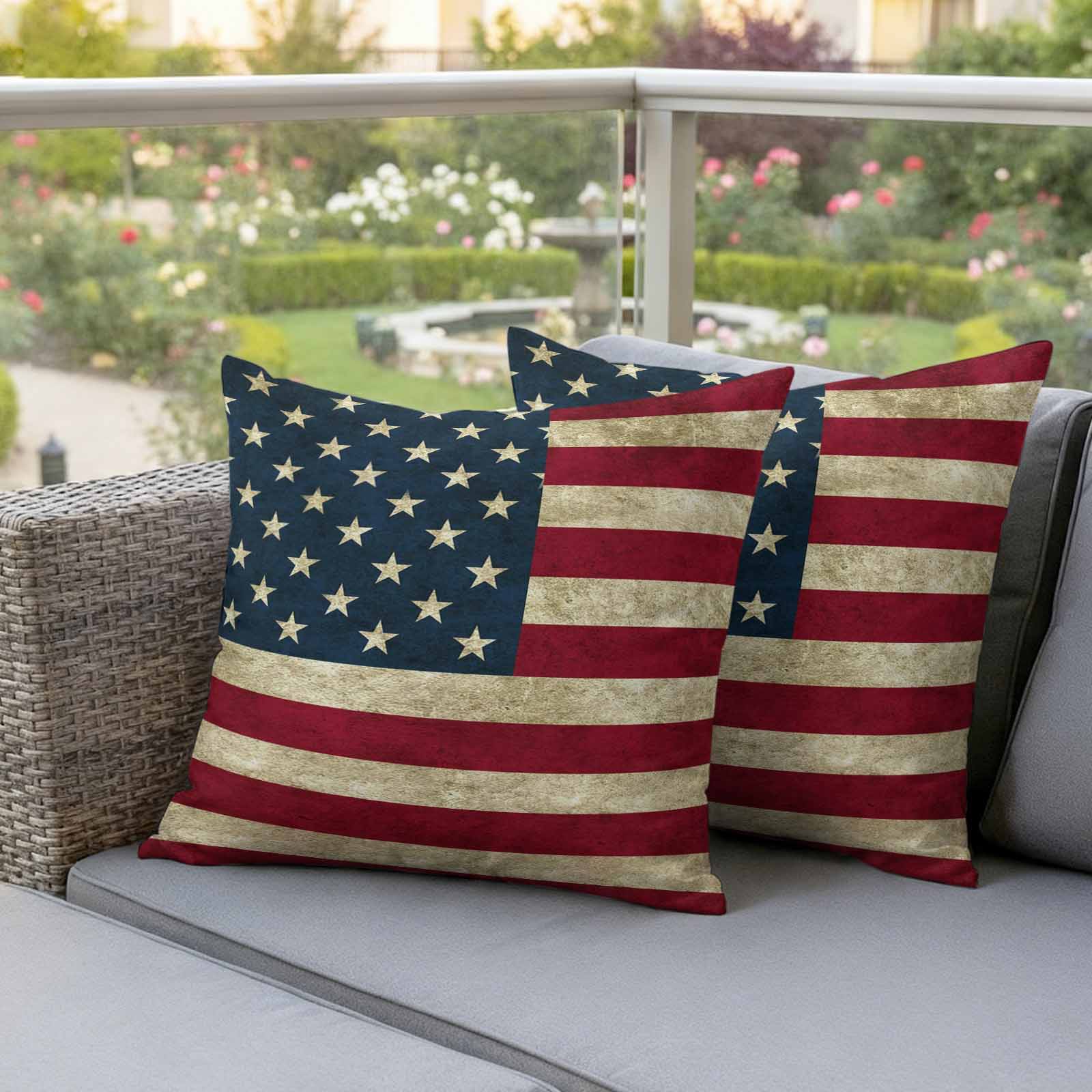 Vintage American Flag Outdoor Waterproof Pillow Covers, Shabby US Star Strips Flag Decorative Square Throw Pillowcase Sofa Cushion Sham for Patio/Couch/Chair, 18"x18" 2 Pack