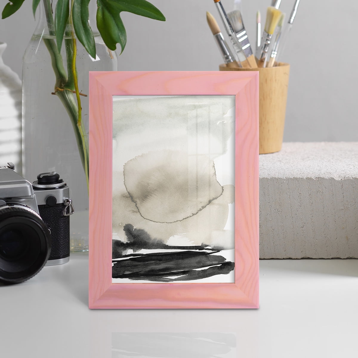 Ebony Horizon Triptych II - Framed Print w/glass - Sunset Pink