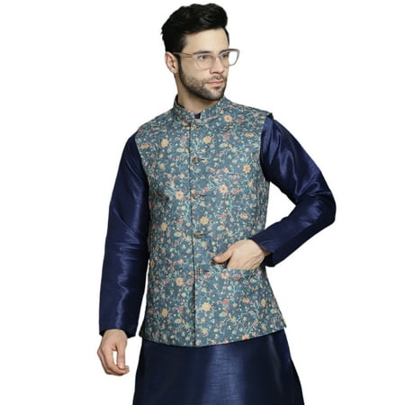Maple Clothing Men's Nehru Jacket Sleeveless Outerwear Vest Sequins Indian Waistcoat (Blue, L)