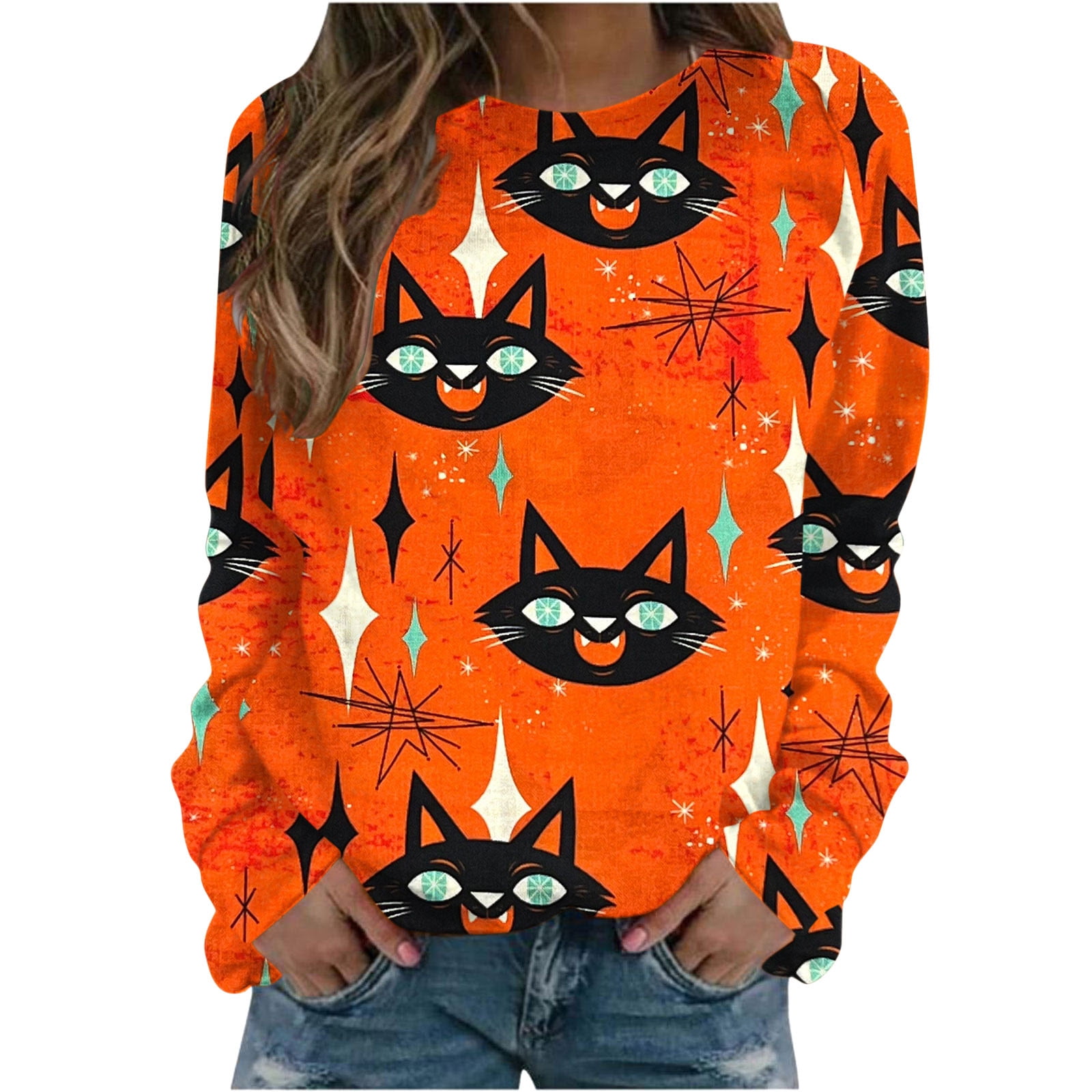  Halloween Sweaters for Women Partial Casual Print Casual Long  Sleeve T Shirt Top (Black, M) : Clothing, Shoes & Jewelry