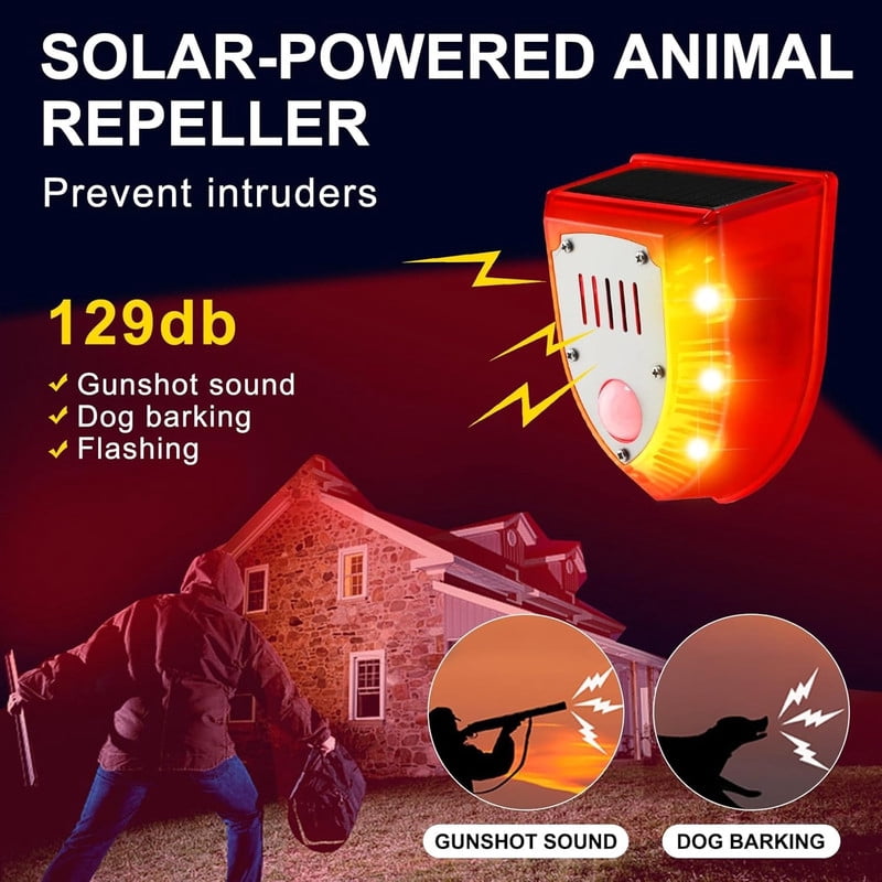 Solar Alarm Motion Detector with Sound Outdoor Motion Sensor 129db Barking Dog Strobe Light Gunshot Sound Alarm Detector Noise Maker Warning Lamp for Home Villa Yard Farm