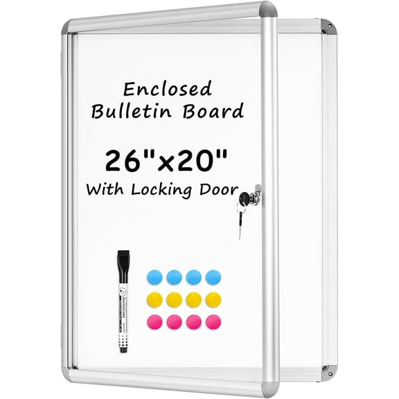 Enclosed Bulletin Board, 26"x20" Lockable Display Case Outdoor Weatherproof Whiteboard, Silver Aluminium Frame, Rectangular, Glossy Finish Ideal for Home, Office or Events
