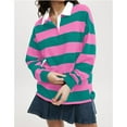 thumbnail image 4 of KALE Long Sleeve Shirts for Women Oversized Striped Sweatshirt Rugby Collared Pullover Tops Loose Fit Shirt V Neck Tops Pink, 4 of 5