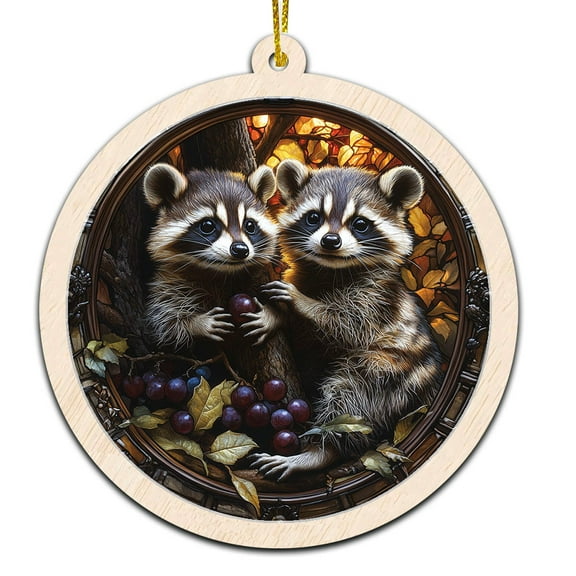 Woodland Raccoons Stained Glass Suncatcher Ornament – Holiday Ornament with Text for Loved Ones, Family & Friends, Christmas 2025 Decoration