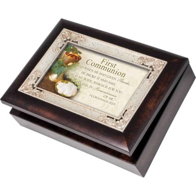 Cottage Garden First Communion Burlwood Italian Style Musical Jewelry Box Plays How Great Thou Art 