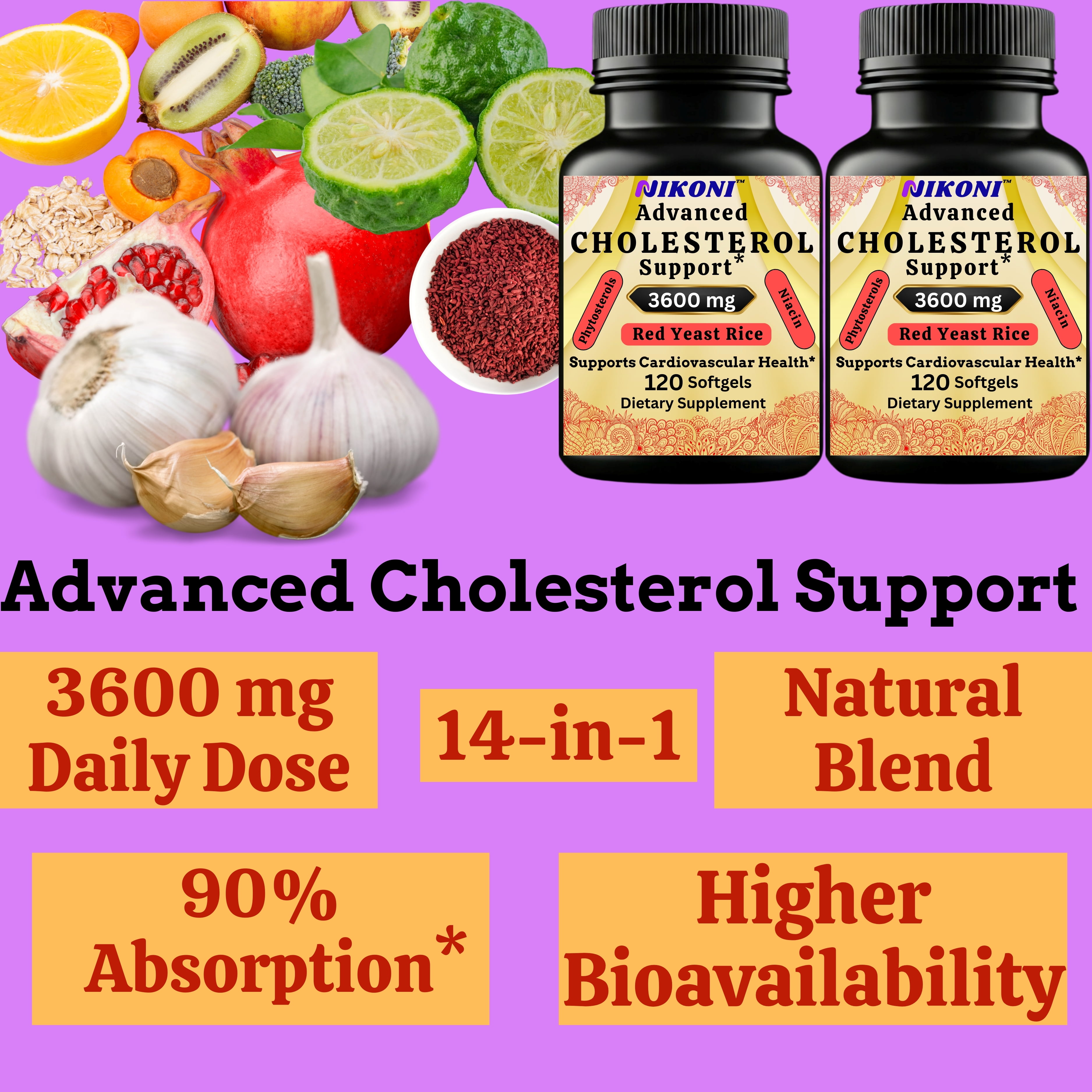 Nikoni Advanced Cholesterol Support Dietary Supplement 3600 mg Plant Sterols & Vitamins 14-in-1 Formula 240 Softgels