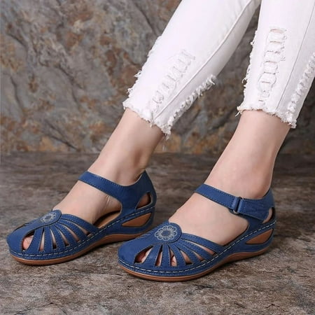 

Wefuesd Slippers For Women Clarks Sandals For Womenclarks Large Size Buckle Toe Breathable Hollow Retro Sandals Round Strap Flat Ladies Women S Sandals Blue 38