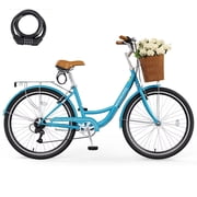 7 Speed 26IN Beach Cruiser Bike for Adult with Basket & Lock, Lightweight Step Through Women Bicycles, Shimano City Commuter Bicycle for Women Men, Shoping and Exercise