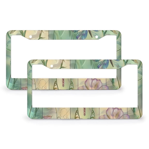 Colored Flowers And Dragonflies License Plate Frame 2 PCS Vintage Summer Botanical License Plate Cover License Plate Novelty License Plate Frame for Men/Women Aluminum Metal License Plate Cover