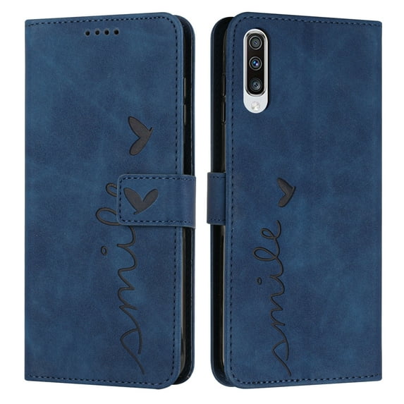 TECH CIRCLE Case for Samsung A70 6.7 Inch (2019) Skin Feel Leather Heart Print Wallet Case, Hand Strap Magnetic Buckle Holder Case for Girls Women, Blue