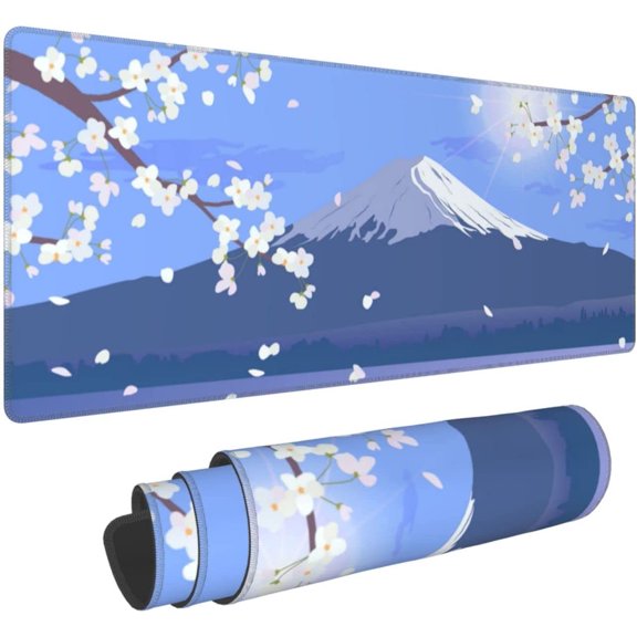 Japanese Mouse Pad with White Cherry Blossoms, XL Large Mousepad with Mount Fuji, Big Extended Long Sakura Gaming Desk Pad Protector, Full Desktop Keyboard Mats for Desk, Blue 31.5 * 11.8 in