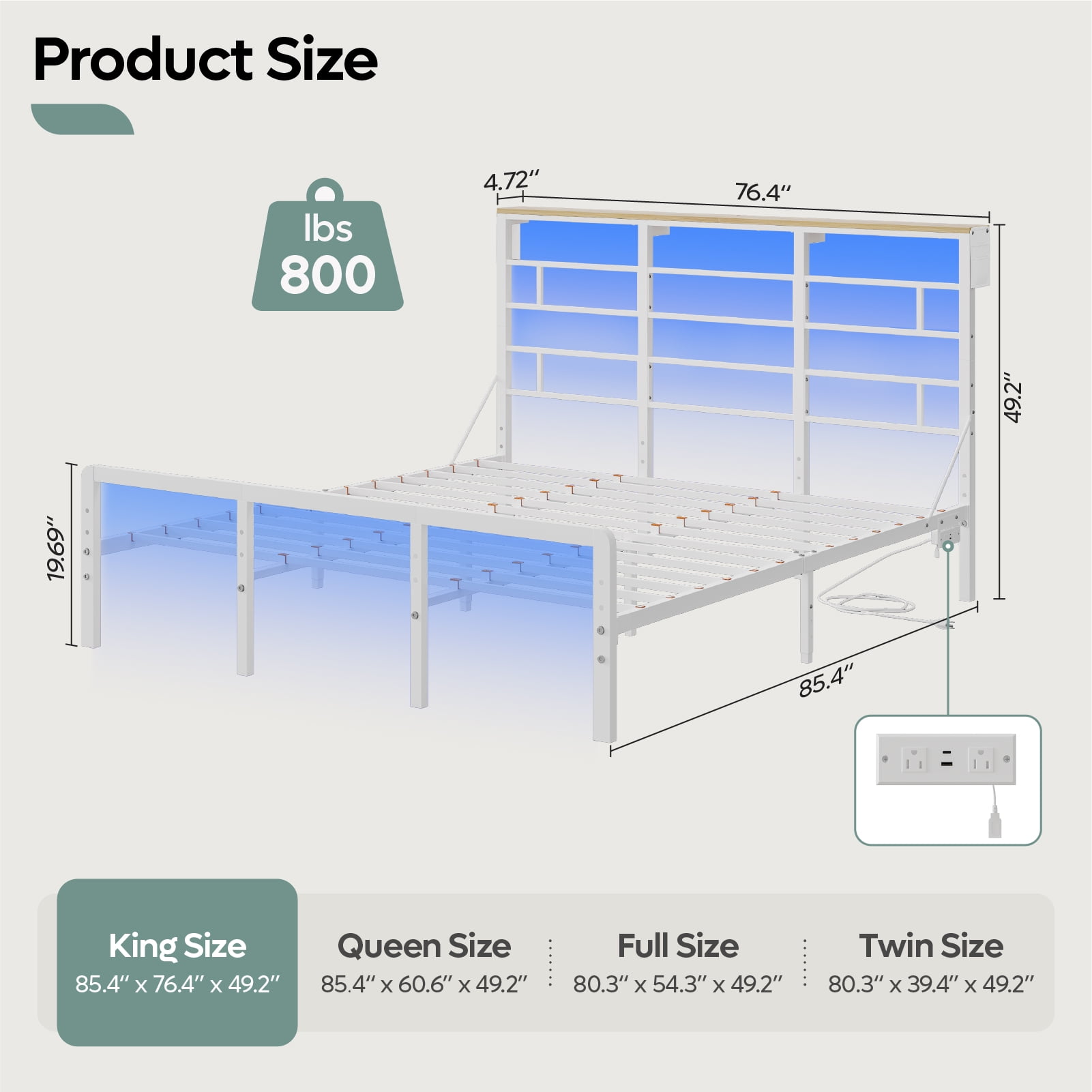 Bestier LED King Size Bed Frame with Headboard & Charging Station, Metal Platform Bed with 15.7'' Large Under Bed Storage, White
