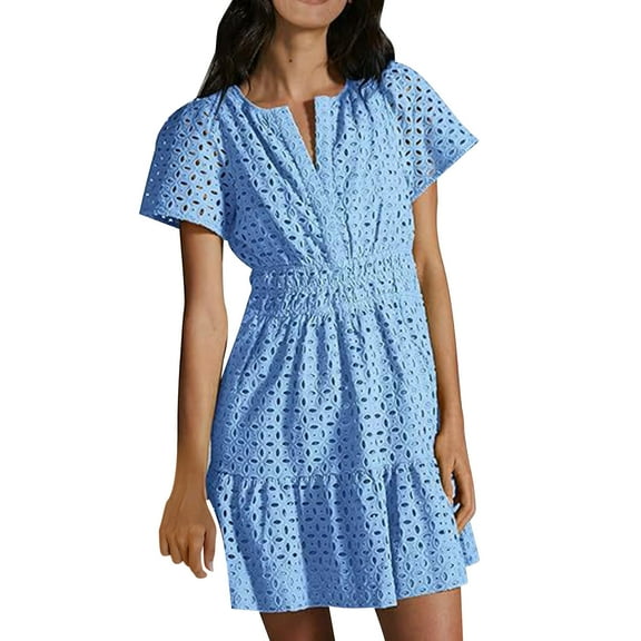 ZZwxWA Lace Eyelet Mini Dress for Women 2025 Casual V Neck Short Sleeve Smocked Waist Tiered Boho Sun Dresses