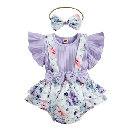 Yammkia Baby Girl Clothes Summer Outfit Romper Skirt Ruffle Sleeve Cute Bow Headband Bodysuit Set,Purple 6-9 Months