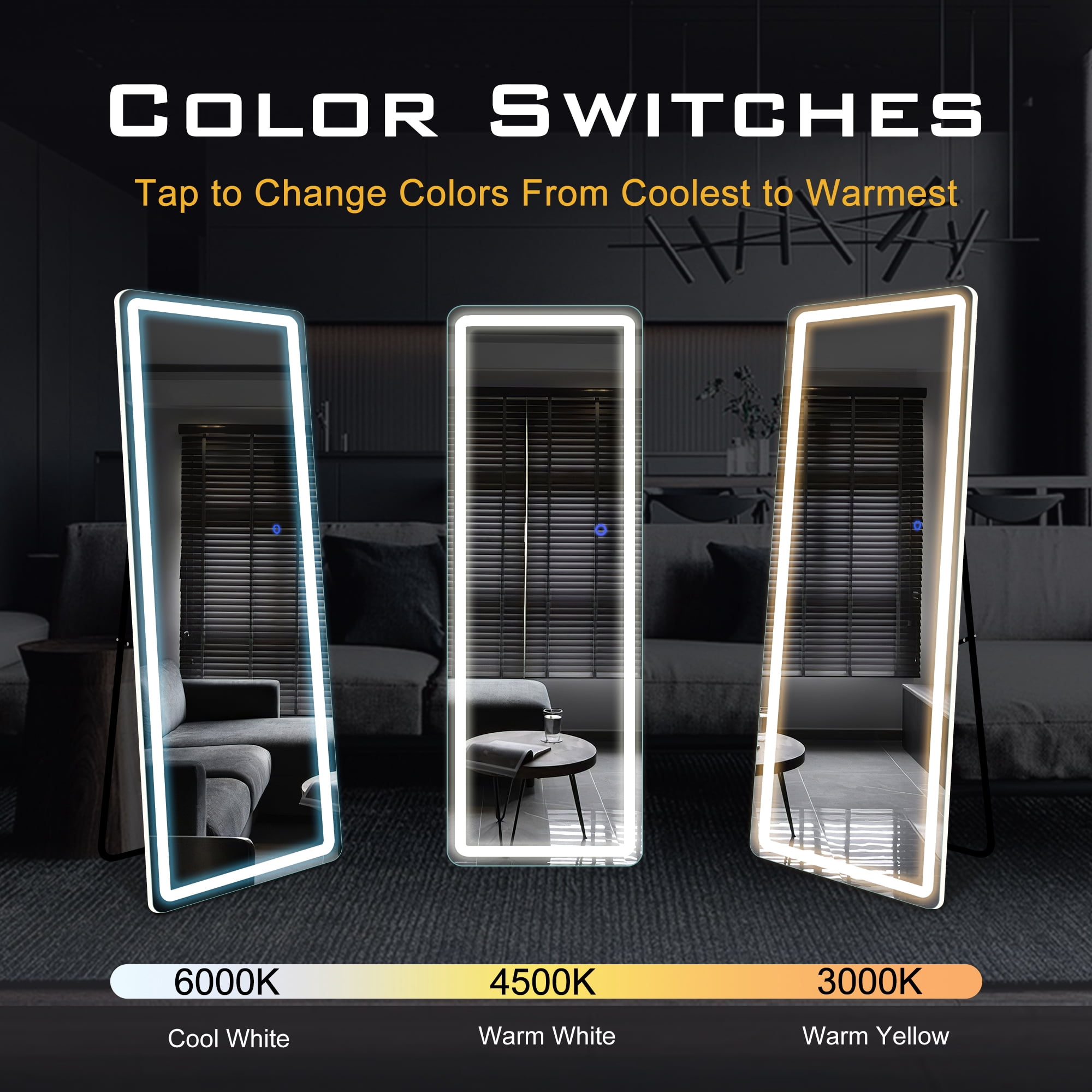 63"x16" Modern LED Floor Mirror Aluminum Alloy Frame Full Length Mirror with Bracket,White
